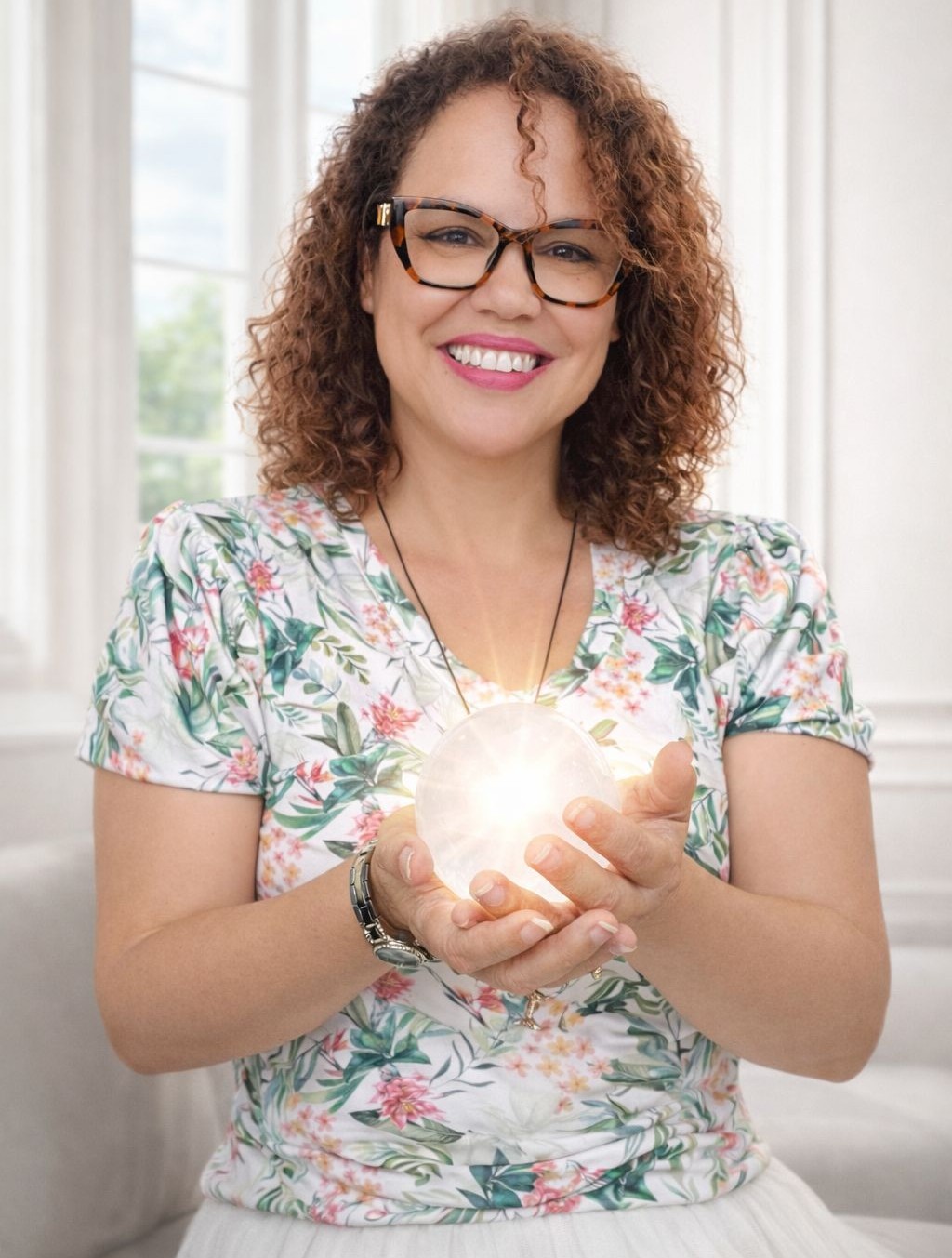 Jess sosteniendo una esfera de cuarzo iluminada entre las manos